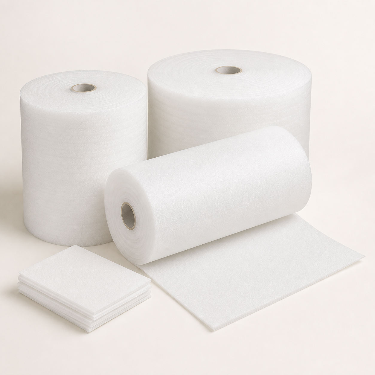 White closed-cell Airothene polyethylene foam wrapping rolls and sheets