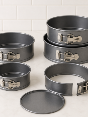 Round springform baking pans with accurate side clasps and removable bases