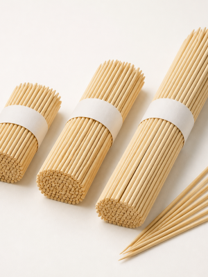Natural bamboo skewers in bundled assorted lengths