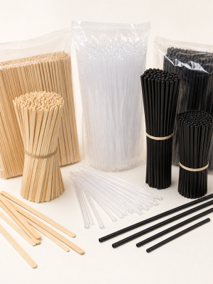 Disposable birchwood clear and black beverage stirrers