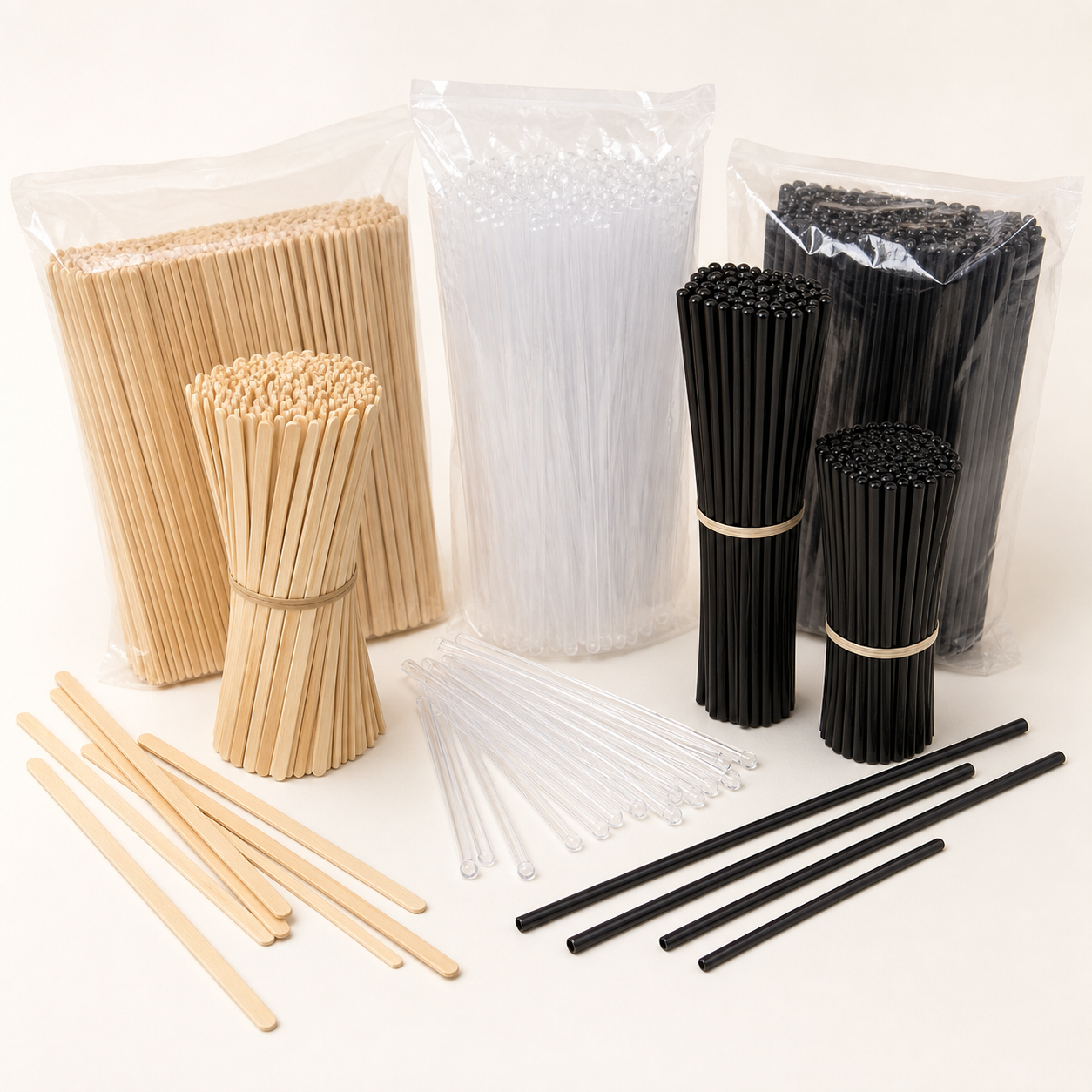 Disposable birchwood clear and black beverage stirrers