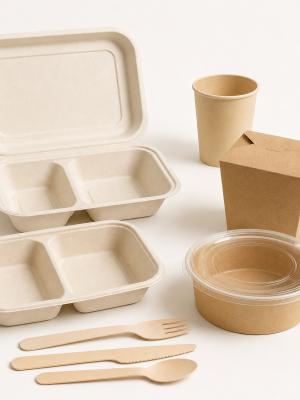 Biodegradable bagasse and kraft food containers cups bowls and wooden cutlery