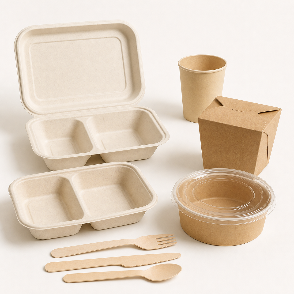 Biodegradable bagasse and kraft food containers cups bowls and wooden cutlery