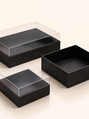 Matte black gift boxes with clear fitted PVC lids