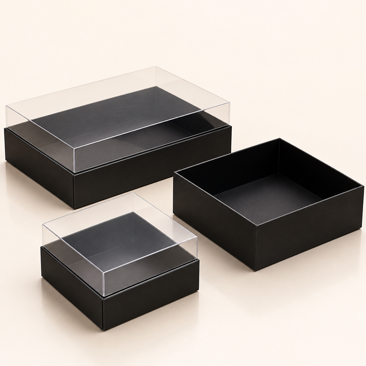 Matte black gift boxes with clear fitted PVC lids