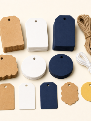 Blank gift tags in assorted shapes colours and card stocks with cord
