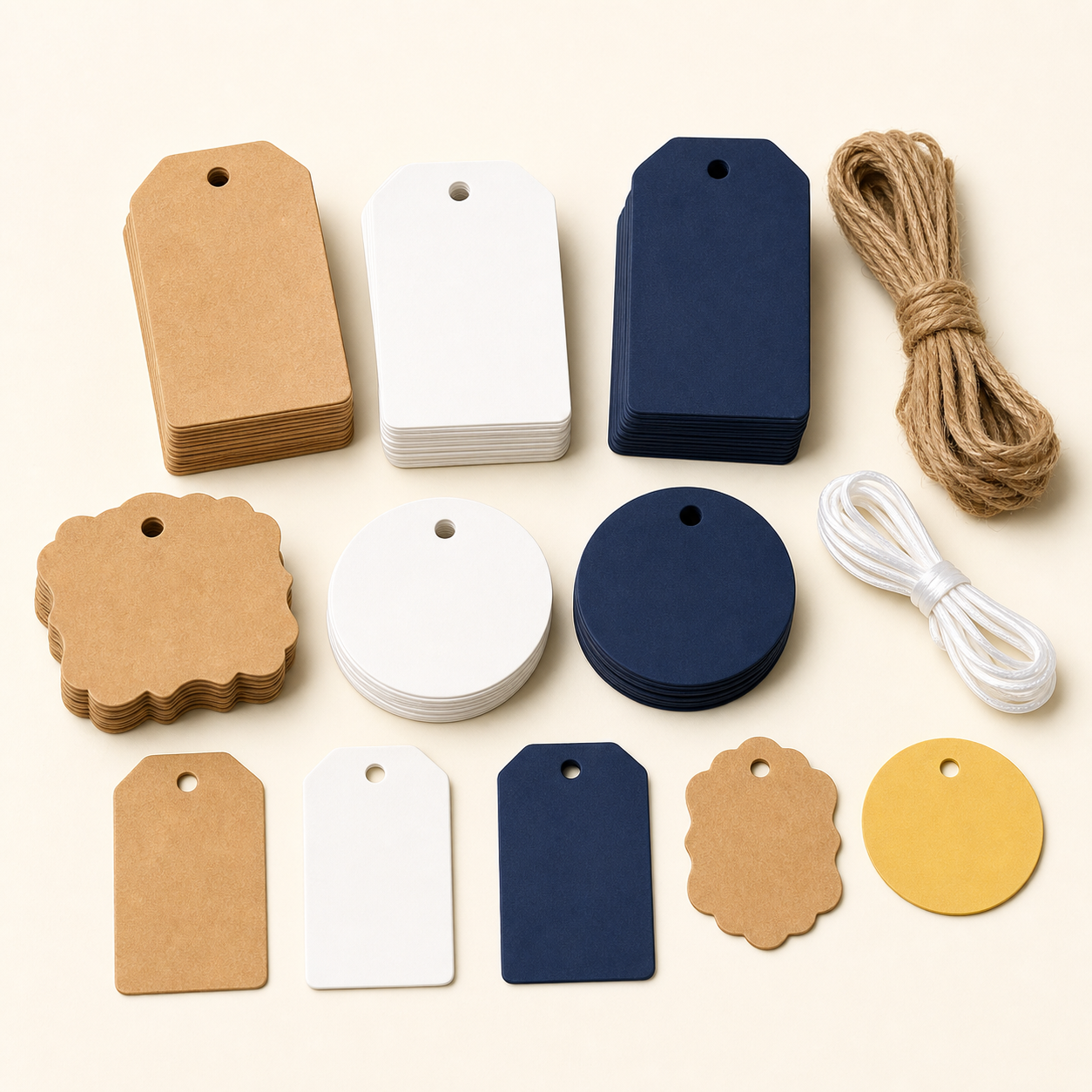 Blank gift tags in assorted shapes colours and card stocks with cord