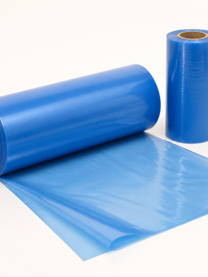 Translucent blue polyethylene protective sheeting in commercial rolls