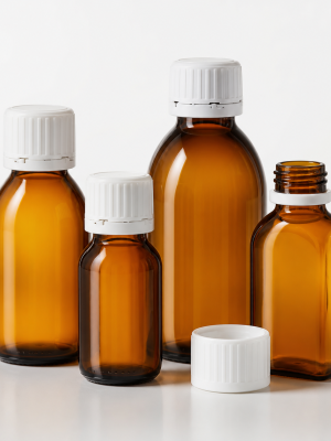 Amber medical bottles with white child-resistant closures