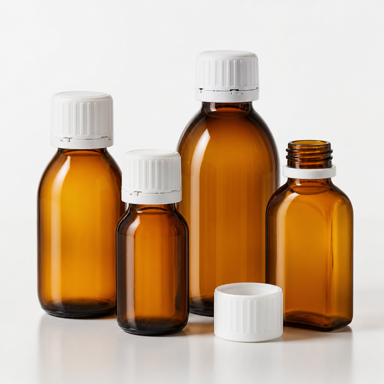 Amber medical bottles with white child-resistant closures