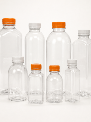 Clear PET juice bottles in assorted shapes with tamper-evident caps