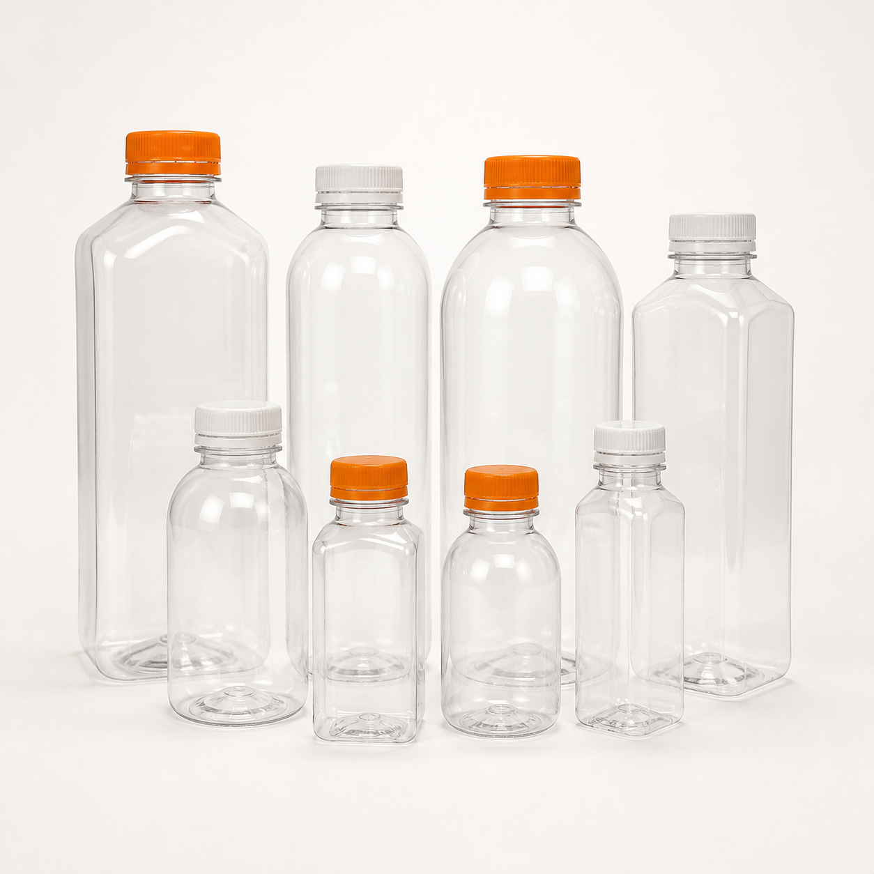 Clear PET juice bottles in assorted shapes with tamper-evident caps