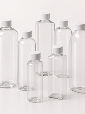 Clear PET packaging bottles in assorted round oval and rectangular shapes