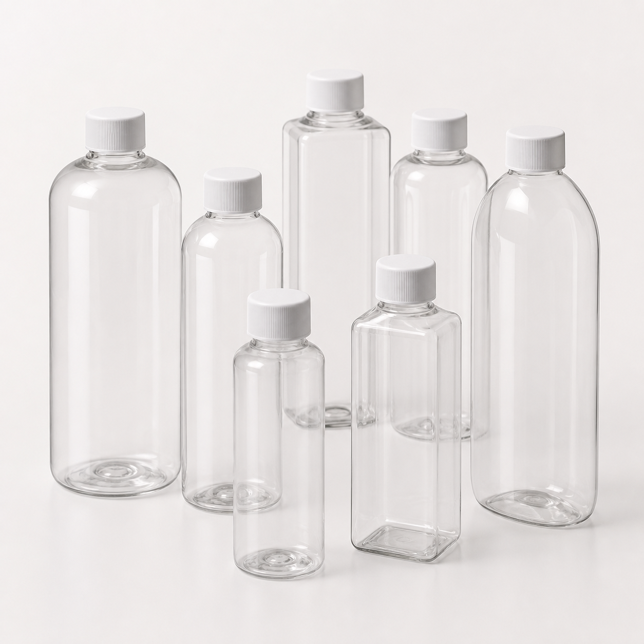 Clear PET packaging bottles in assorted round oval and rectangular shapes