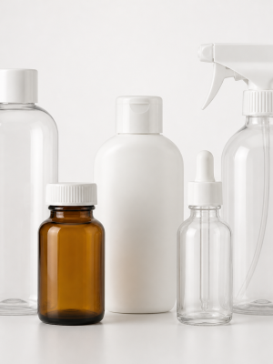 Representative range of clear amber and white packaging bottles with closures