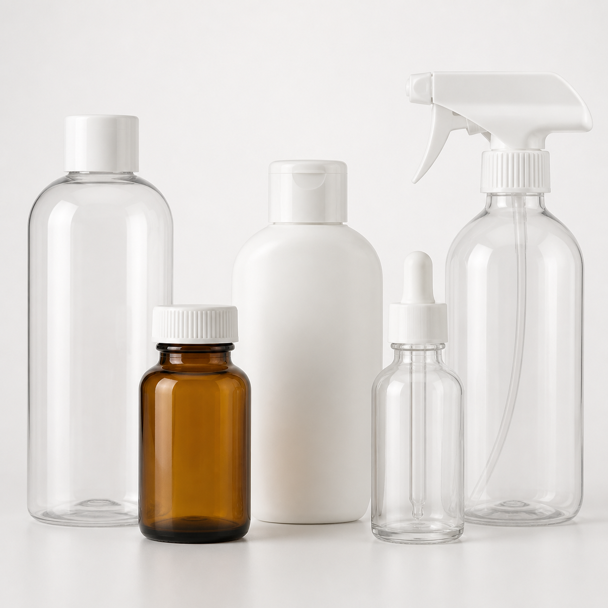 Representative range of clear amber and white packaging bottles with closures
