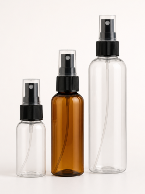 Clear and amber PET fine-mist spray bottles with overcaps