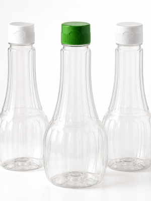 Clear ribbed PET salad dressing bottles with flip-top caps