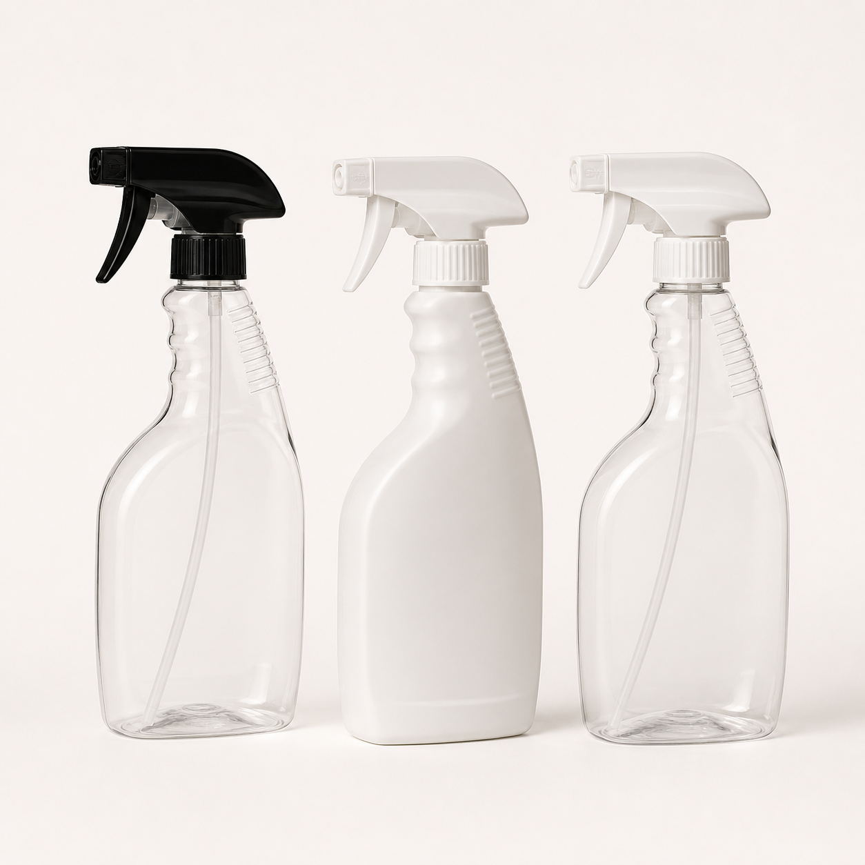 Clear and white trigger spray bottles with dip tubes