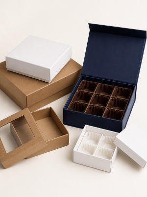 Empty chocolate truffle presentation boxes with fitted divider inserts