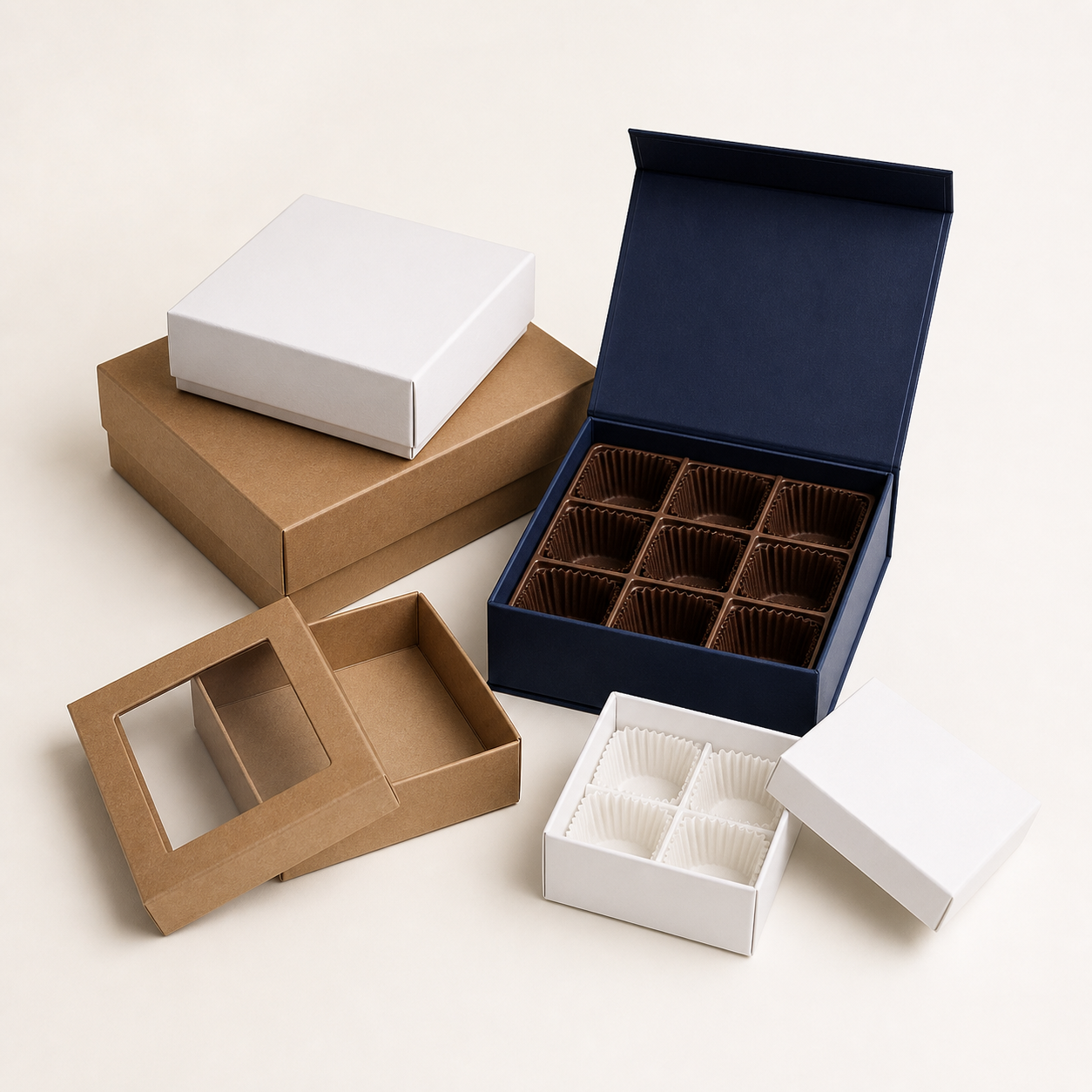 Empty chocolate truffle presentation boxes with fitted divider inserts