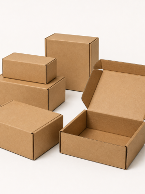 Plain kraft corrugated ecommerce shipping cartons in assorted sizes
