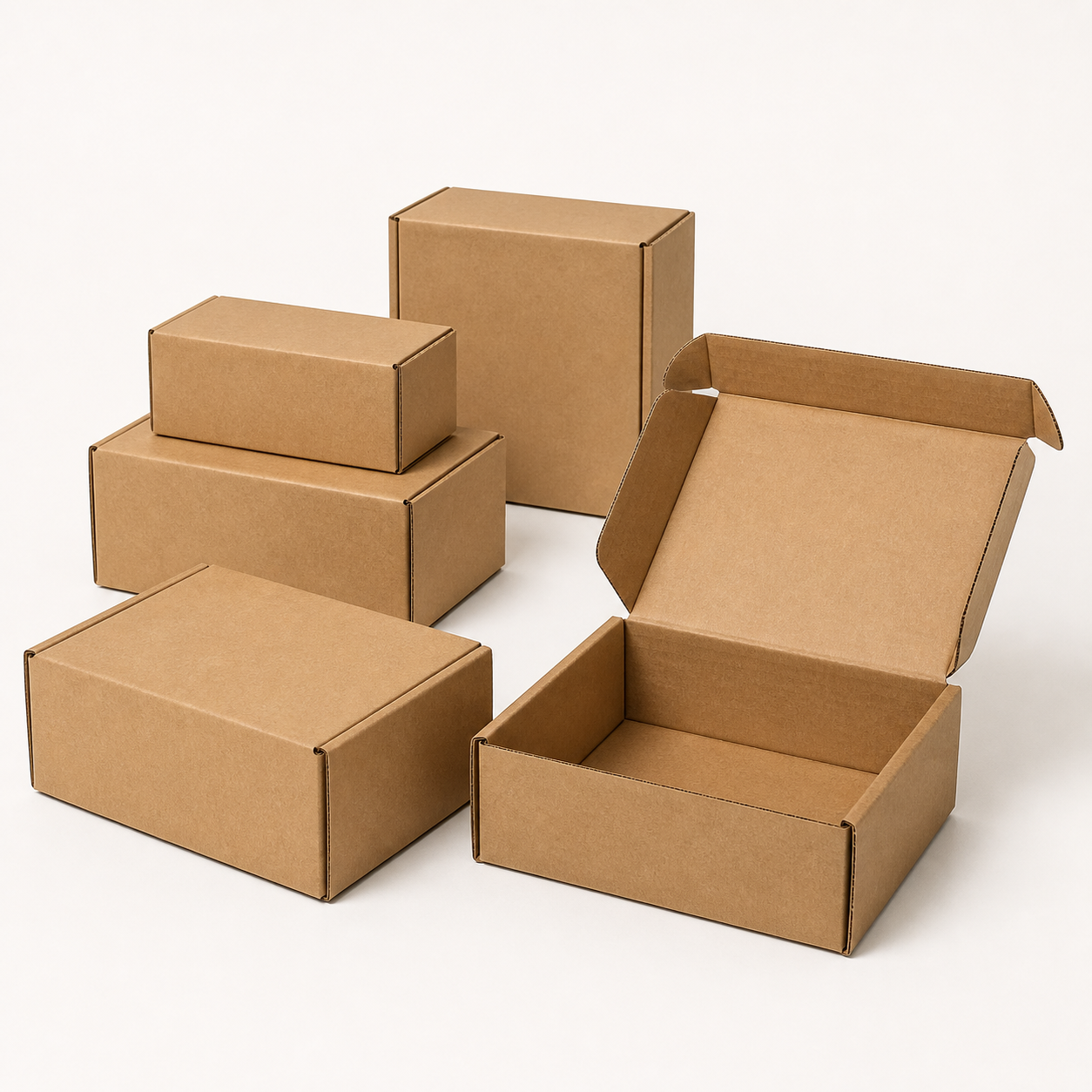 Plain kraft corrugated ecommerce shipping cartons in assorted sizes