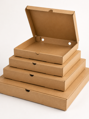 Natural kraft corrugated pizza boxes in graduated sizes