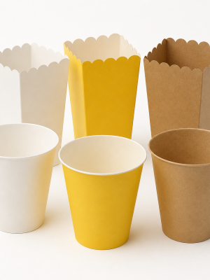 Plain paperboard popcorn cartons and tapered tubs