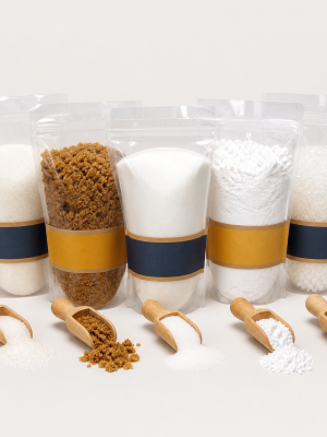 Assorted bulk culinary sugars in clear stand-up pouches