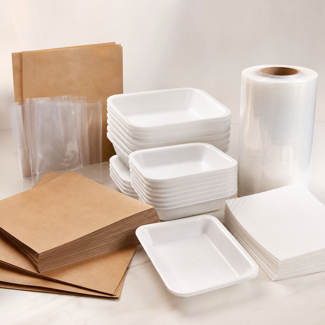 Foam trays overwrap film absorbent pads butcher paper and food-safe bags