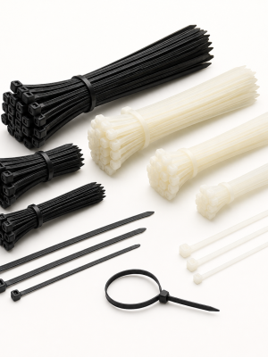 Black and natural nylon cable ties in assorted commercial lengths and widths