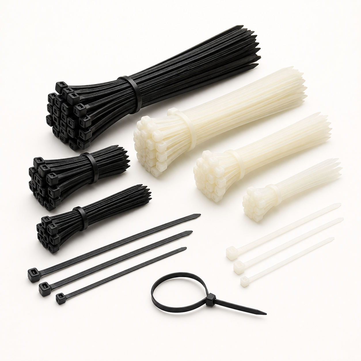 Black and natural nylon cable ties in assorted commercial lengths and widths