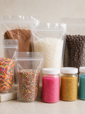 Unbranded pouches and jars of common cake baking and decorating ingredients