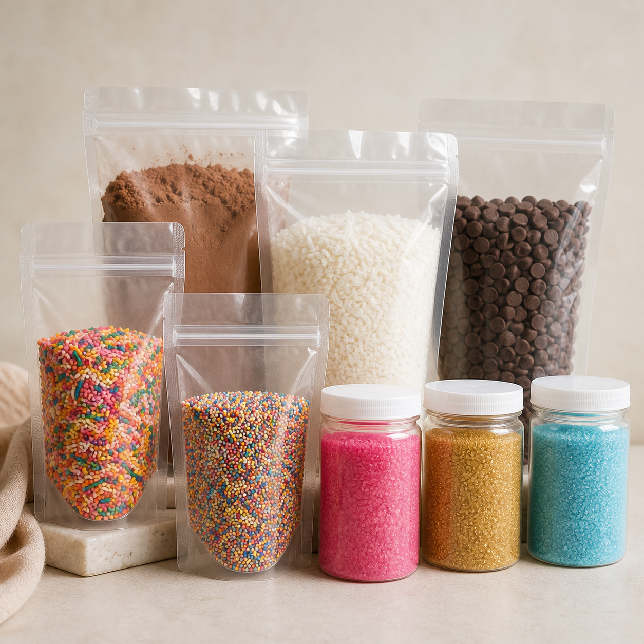 Unbranded pouches and jars of common cake baking and decorating ingredients