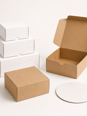 Plain white and kraft paperboard cake boxes with round cake board