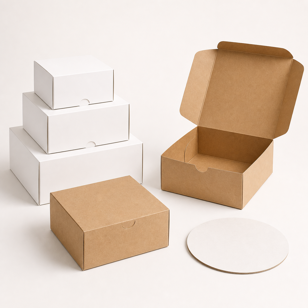 Plain white and kraft paperboard cake boxes with round cake board