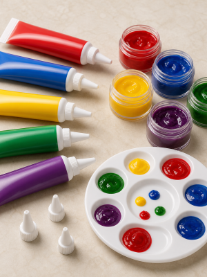 Glossy coloured cake decorating gels in unbranded tubes and pots