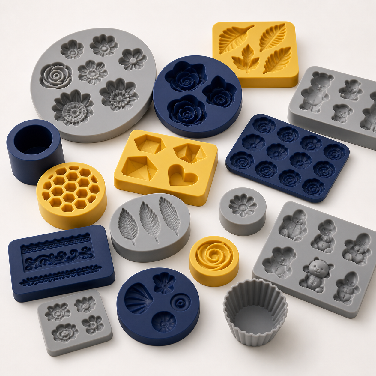 Assorted food-grade silicone moulds for fondant and chocolate decorating