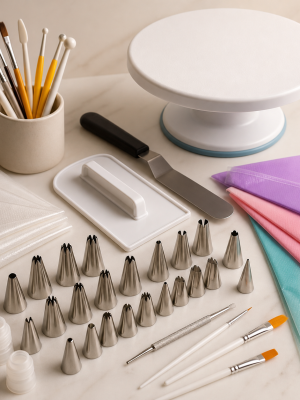 Professional cake decorating tools including turntable tips bags spatula and brushes