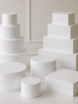 Plain white foam cake dummy tiers in graduated round and square shapes
