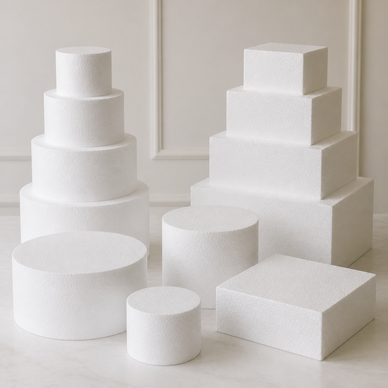Plain white foam cake dummy tiers in graduated round and square shapes