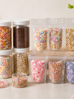 Assorted cake sprinkles including rods confetti pearls and themed mixes