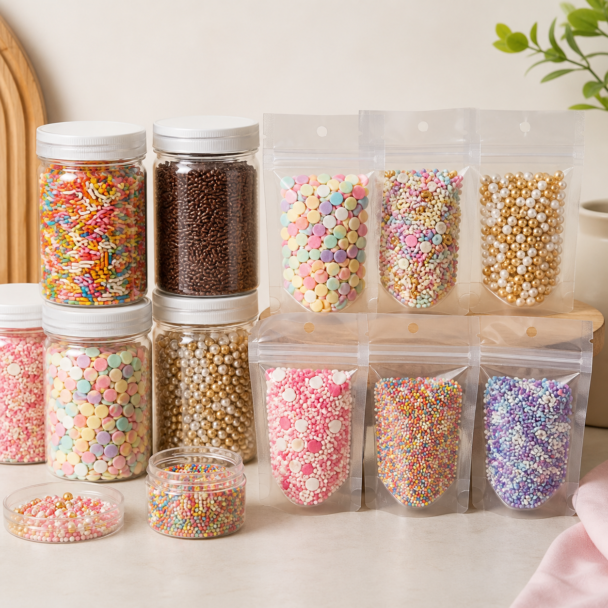 Assorted cake sprinkles including rods confetti pearls and themed mixes