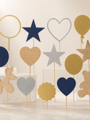 Unprinted acrylic wood and paper cake topper shapes on picks