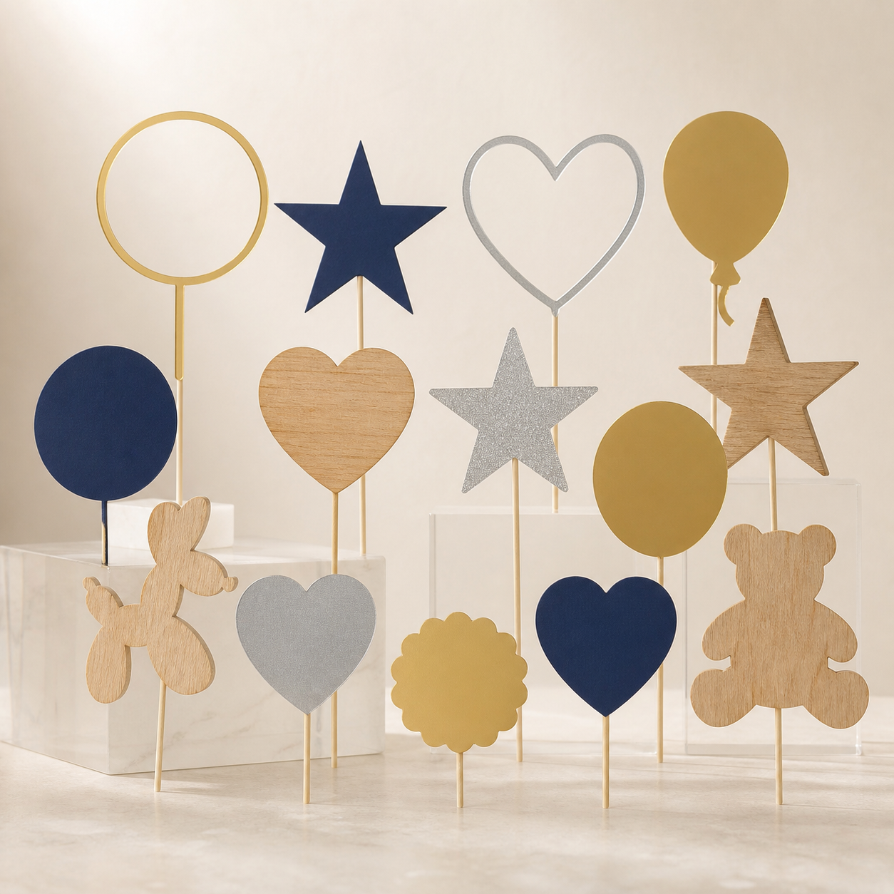 Unprinted acrylic wood and paper cake topper shapes on picks