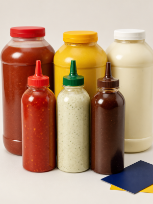 Assorted catering sauces in bulk bottles and squeeze bottles