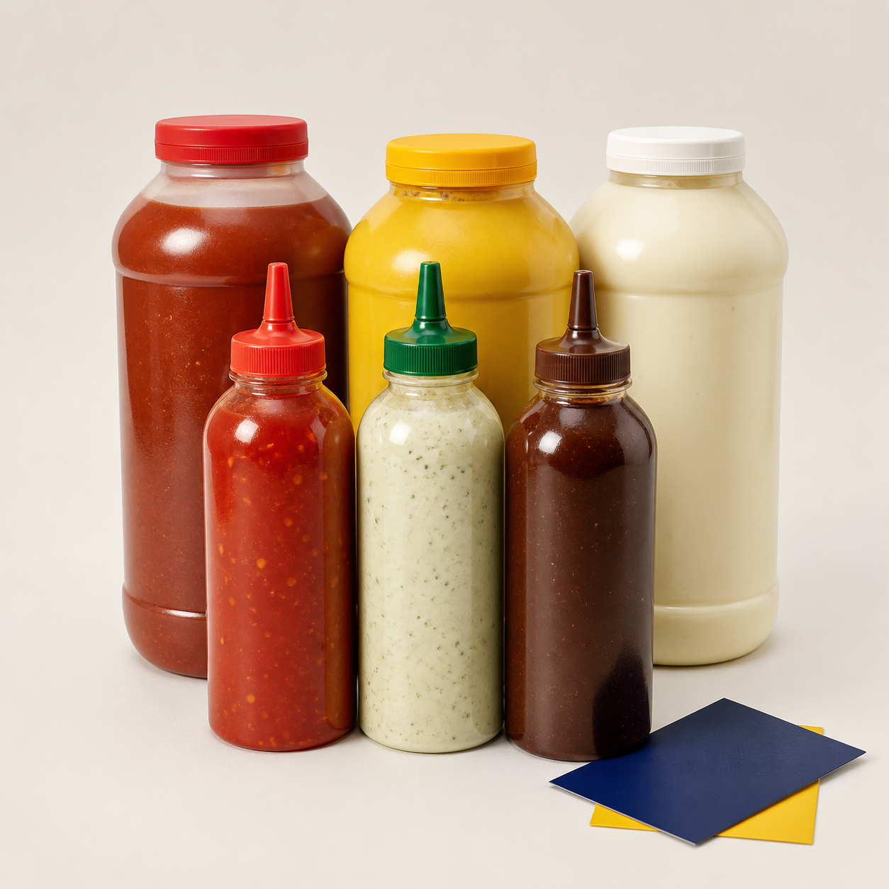 Assorted catering sauces in bulk bottles and squeeze bottles