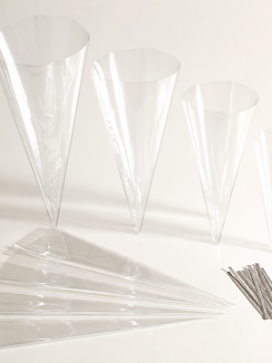 Clear cellophane cone bags in assorted sizes with silver twist ties