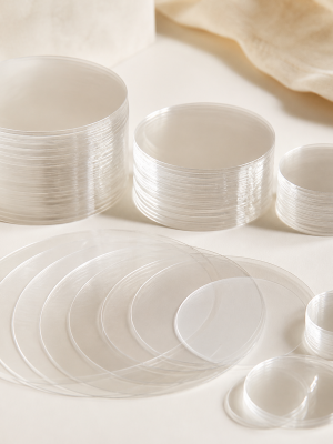 Clear round cellophane discs in assorted diameters for confectionery and gift packaging